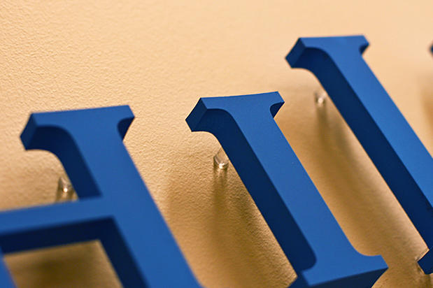 metal signs, office design sign, patented artsigns mounting system, no drilling, no dust, no noise, and most important very quick, in this case about 10 minutes