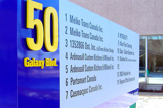 50 Galaxy Blvd. 3d lettering, business directory sign