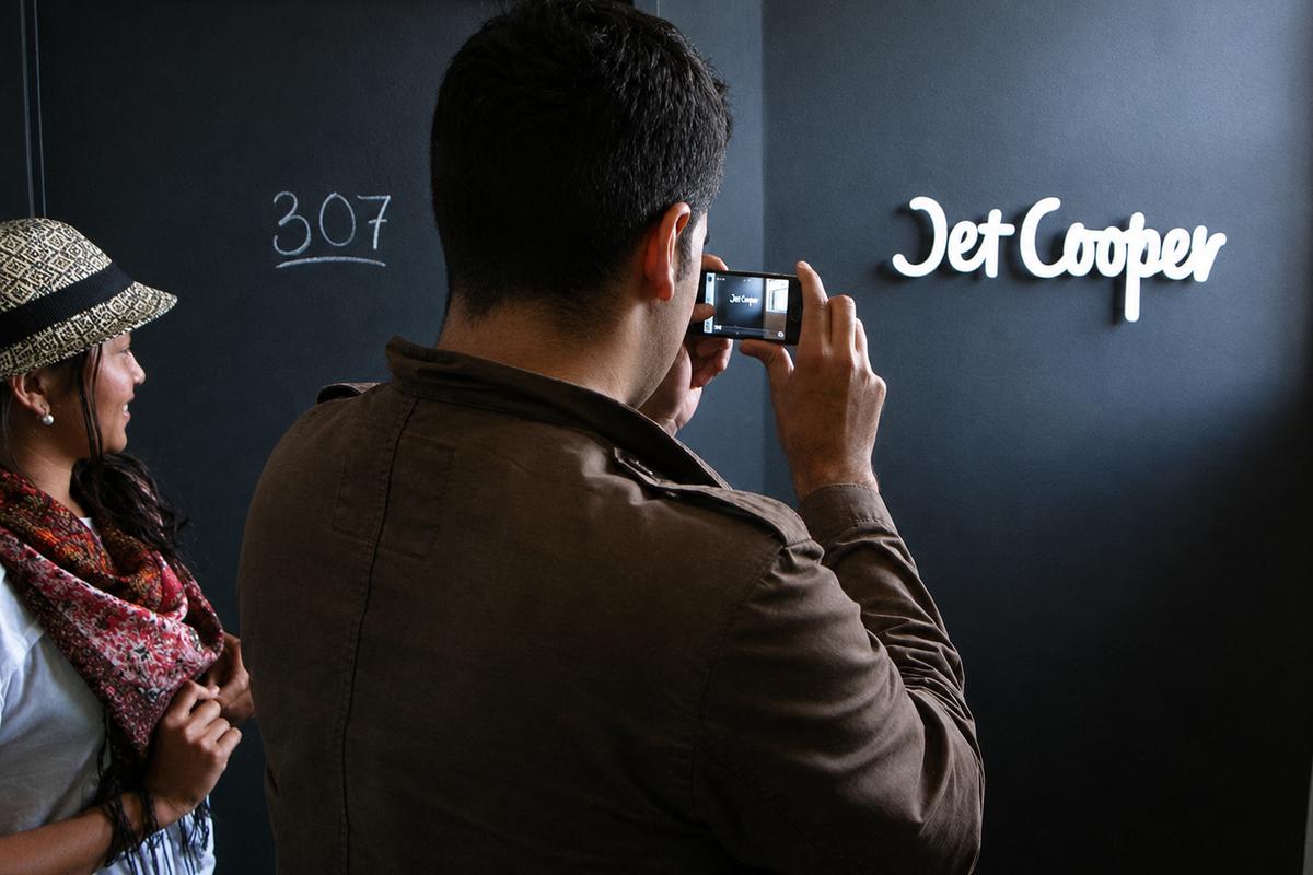Visitors photographing a Jet Cooper office sign made from half-inch pastel ice-white frosted acrylic on a black wall.